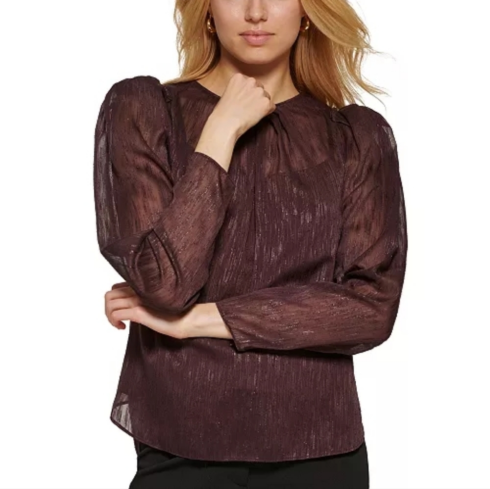DKNY Purple Crewneck Long-Puff-Sleeve Mesh Top
